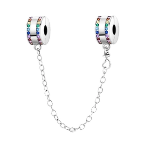 Silberne Regenbogen-Zirkonia-Sicherheitskette mit zwei Stoppern für DIY-Charm-Armbänder