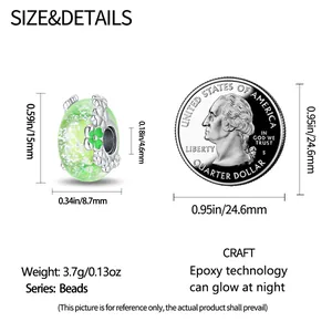 Detailed size chart showing luminous green clover bead dimensions next to a quarter coin