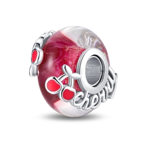 Detailed view of a cherry-themed glass bead with S925 finish and engraved Cherry text