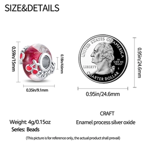 Silver oxide cherry bead charm with enamel details and dimensions for jewelry making