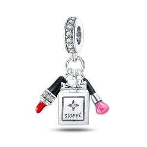 Detailed charm pendant set featuring red lipstick, pink brush and sweet perfume bottle