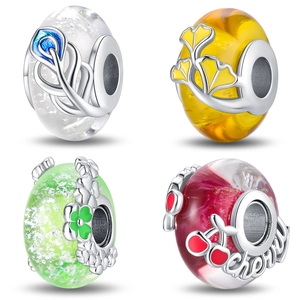 Luminous Murano Glass Charm Bead Silver Plated Copper Enamel Feather Ginkgo Leaf Cherry Flower For DIY Bracelet Jewelry