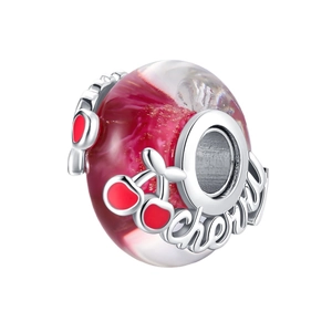 Glow-in-the-dark luminous cherry glass bead charm with silver plating and red ripples