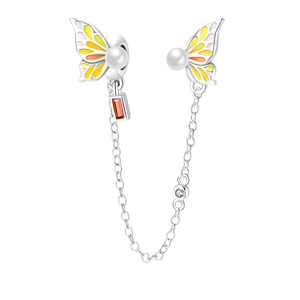 Pendientes de plata con mariposas, perlas, esmalte amarillo y piedra roja fina