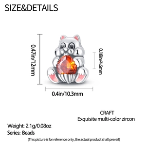 Detail of squirrel charm with orange heart zircon and pink enamel, 12mm x 10.3mm size