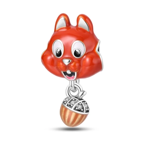 Detailed view of orange enamel squirrel charm with acorn pendant and small zircons