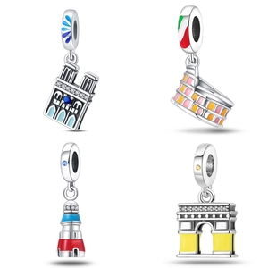 Abalorios de Dije Edificio Emblemático Plateados Luminosos para Pulsera Notre Dame Coliseo Arco del Triunfo Esmalte Zirconia Colgante Joyería