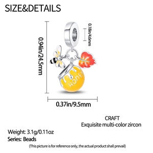 Detailed size view of silver honey bee and maple leaf charm with dimensions and weight