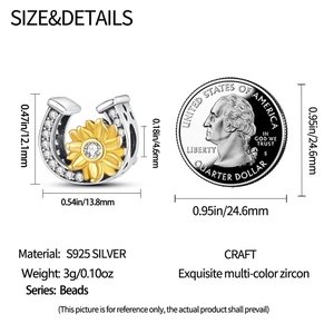 Detailed size comparison of horseshoe sunflower charm in S925 silver with a US quarter coin