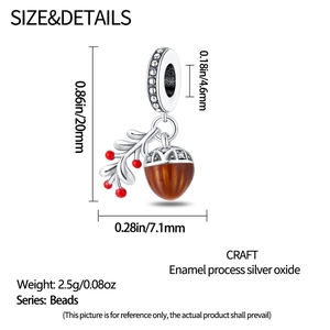 Detailed size specifications for squirrel berry and acorn silver bead charm with measurements