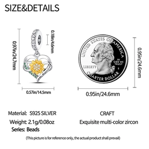 Macro detail of sunflower heart charm with size measurements and S925 silver engraving