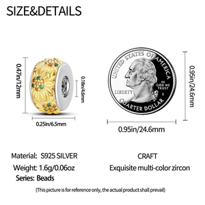 Detailed view of S925 silver sunflower charm with colorful stones next to a coin for scale