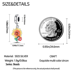 Detailed size comparison of the S925 silver sunflower and ladybug charm against a coin