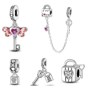 Silver Plated Heart Lock And Key Dangle Charm Rhinestone Wing Dangle Bead For DIY Bracelet Necklace Romantic Women Jewelry Charm Only
