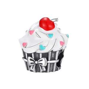 Cupcake-Charm versilbert mit weißem Emaille und roter Kirsche für DIY-Armbänder