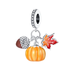 Silver squirrel charm with autumn enamel maple leaf, pumpkin and acorn for bracelets