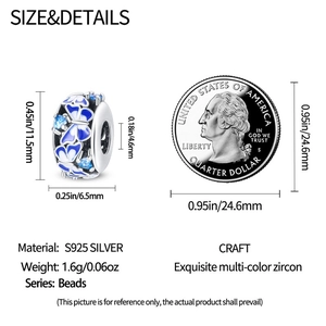 Vue détaillée montrant les dimensions et l'échelle de la perle papillon en argent S925