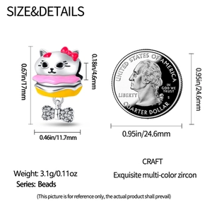 Detailed dimensions of silver cat burger charm bead with zircon bow and pink enamel accents