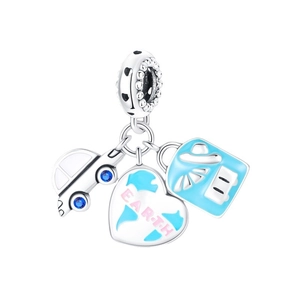 Silver travel charm set featuring a blue car, earth globe, and suitcase pendant