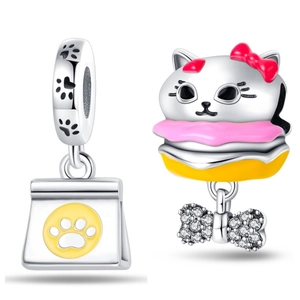 Silver Plated Copper Cat Burger And Paw Bag Charms For DIY Bracelet Necklace Making Cute Animal Enamel Rhinestone Pendants