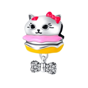 Silver-plated cat burger charm bead with pink bow and crystal pendant for bracelets