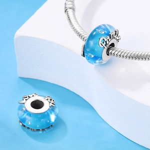 Silver Plated Copper Blue Glass Charm Bead With Love Family Heart Pattern For DIY Bracelet Making Women Fashion Jewelry