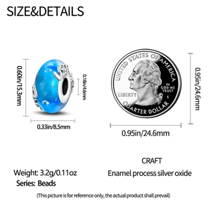 Blue enamel silver bead charm with Love engraving and coin size comparison