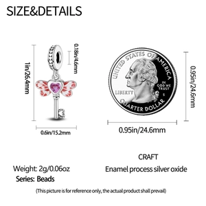 Size details of silver wing heart key charm with enamel and pink gemstone for DIY jewelry