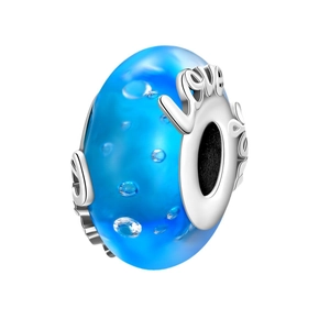 Blue glass charm with bubbles and silver metal ring featuring Love and butterfly motifs