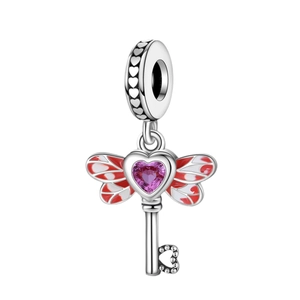Silver heart key charm with pink stone and colorful enamel wings for bracelets