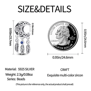 Macro detail of S925 silver moon feather charm with blue zircon and size scale