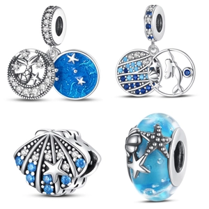 Ocean Theme Silver Plated Copper Shell Starfish Turtle Mermaid Rhinestone Charms Blue Enamel DIY Jewelry Making Pendants For Bracelet