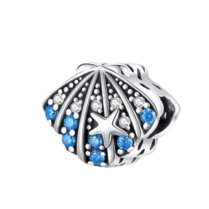 Silver shell charm with blue and clear zircon starfish detail for DIY jewelry bracelets
