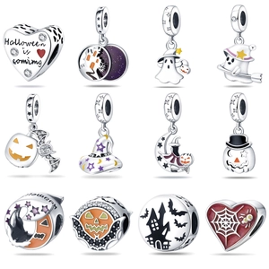 Ciondoli Halloween per Bracciali Rame Placcato Argento Smalto Zucca Cappello da Mago Fantasma Castello Ragnatela Cuore DIY Gioielli Donna