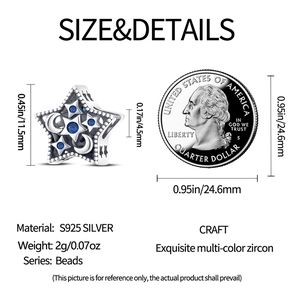 Detaillierter S925 Silber Sternanhänger mit blauem Zirkon und Größenvergleich zur Münze