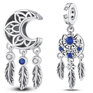 Silver Plated Dreamcatcher Moon Charm Bead With Blue Rhinestone Feather Pendant For DIY Necklace Bracelet Jewelry Making Women Gift