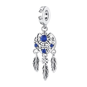 Silver dreamcatcher charm with moon design, blue zircon stones, and feather pendants