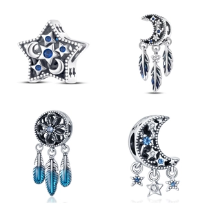 S925 Versilbert Legierung Traumfänger Mond Stern Anhänger Perlen Für Armband Blau Zirkonia Emaille Feder DIY Schmuckherstellung