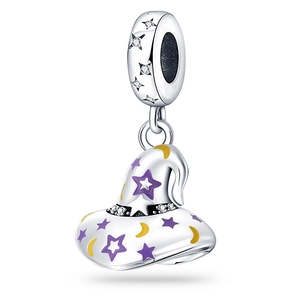 Dettaglio ciondolo a cappello da mago in argento con smalto bianco e stelle viola