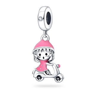 Pendentif Uniquement Fille Cartoon Sur Scooter Cuivre Plaqué Argent Émail Charm Pour Bracelet DIY Bijoux Femme Cadeau