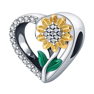 Colgante de corazón de plata con girasol dorado y hojas de esmalte verde para pulseras