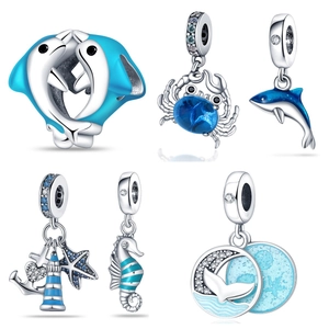 Silver Plated Ocean Theme Marine Life Charms Enamel Dolphin Crab Seahorse Zirconia Pendants For DIY Bracelet Jewelry Making