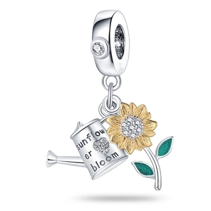 Sunflower and watering can charm in silver with zircon stones and green enamel
