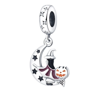 Ciondolo di Halloween in argento con luna, strega viola e zucca arancione smaltata