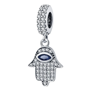 Colgante Mano de Fátima de plata con circonitas blancas y piedra de ojo azul marquesa