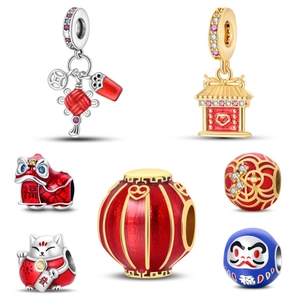 Perline Charms per Capodanno Cinese in Rame Con Placcatura in Argento e Smalto Gatto della Fortuna Danza del Leone Lanterna Fai da Te