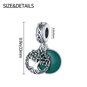 Détails du pendentif Arbre de Vie en argent avec gemmes vertes et dimensions