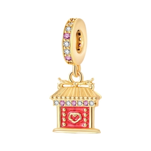 Charm architettura cinese dorata con smalto rosso e zirconi rosa scintillanti