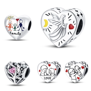 Silver Plated Copper Heart Charm Beads Enamel Zirconia For DIY Bracelet Jewelry Making Family Mother Angel Love Theme