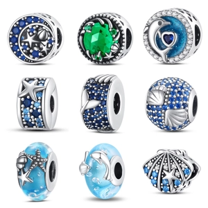 Abalorios de Plata de Ley 925 con Tema Marino Vida Marina Incrustaciones de Circonia Azul Estrella de Mar Concha Accesorios de Joyería DIY para Pulsera